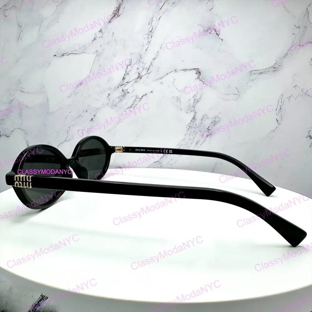 New MIU MIU Sunglasses Black Acetate Slim Round Gold Metal Logo Authentic Women